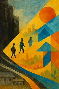 This striking abstract piece of art symbolises the progress of Noordgesig Primary School through time. The contrasting sides tell a story of overcoming challenges, while the golden path celebrates the community’s commitment to a better future.